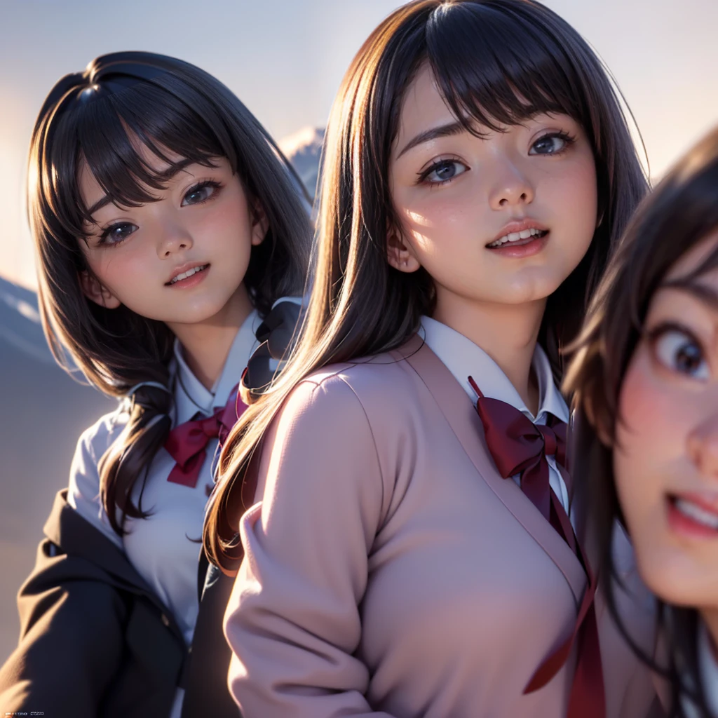 ((8K, RAW Photos, Highest quality, masterpiece), High-resolution RAW color photos、
Professional close-up photography, (Realistic, Photorealism: 1.37),
(Highest quality), (Best Shadow), (Best illustrations),(Facing forward:1.3)
best quality, masterpiece,
New Year,
Three Japanese high-school cute girls, looking straight,
(gently smiling:1.5),
(Japanese-high-school-blazer-uniform:1.5),
Reddish bow tie, with a school bag,
((too much smile)), very cute, face, head and waist fully visible, (soft eyes:1.2)
upper arms hidden by clothes and hair,(innocent and pure high-school-girls:1.5)
,(The image shows only the upper body:1.7),
(separately side by side:1.4),
(The image shows only the upper body:1.7),
shrine background,(mount Fuji:1.3),
winter(season),(outdoors:1.5)