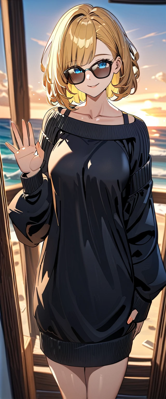 ((sea, beach)), ((from above)), (((sunglasses, hand to sunglasses))), (((cowboy shot))), ((wavy hair, inward curled hair)), evening, ((Sunset)), ((blond hair, bob cut:1.3)), breasts, teenager, (looking at viewer), oversized clothes, puffy long sleeves, ((off-shoulder sweater:1.3, Quite thick shoulder straps)), ((black sweater)), collarbone, head tilt:1.3, (((blue eyes))), ((happy smile)), (((anime style))), (best quality, 4K, 8K, highres, masterpiece:1.2, ultra-detailed, ultra-detailed eyes, HDR, uhd, studio lighting, ultra-fine painting, sharp focus, physically-based rendering, extreme detail description, professional, vivid colors, bokeh)