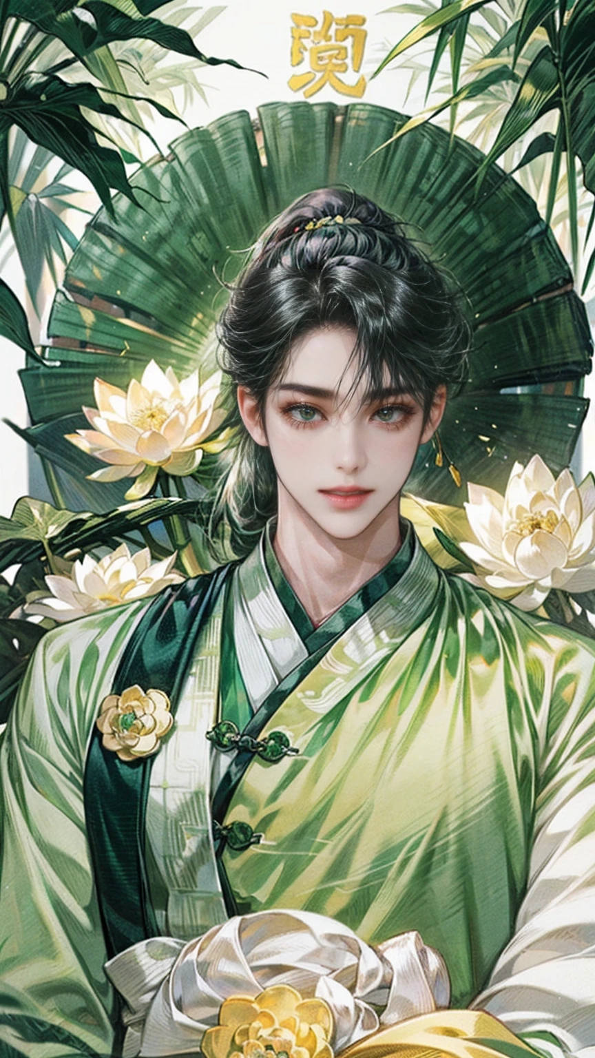 (((best quality))),masterpiece,ultra high resolution,extraordinarily beautiful youth, a bright, innocent smile,All green clothing,((boy 24 year old, green hanfu,green clothing, Chinese shirt style)) ,boy character ,((Thick black long hair)),beautiful face,detailed interior, detailed boy,((man)),(in bamboo forest), house China style, pure white lotus,beautiful and cute boy ,black eyes,((solo man)),(he has a Big eyes, charming lips, slim nose and small face),(slim figures ),ponytail and 冠, Hiogi fan,Japanese fan front face boy