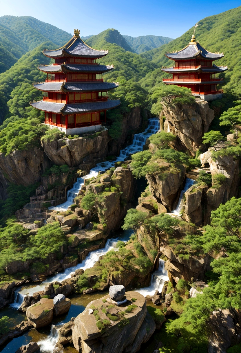 a landscape high rocks and a waterfall in the centre, at the bottom is a traditional Chinese house and its ornaments. clear sky. high quality, very detailed. 8K ultra hd