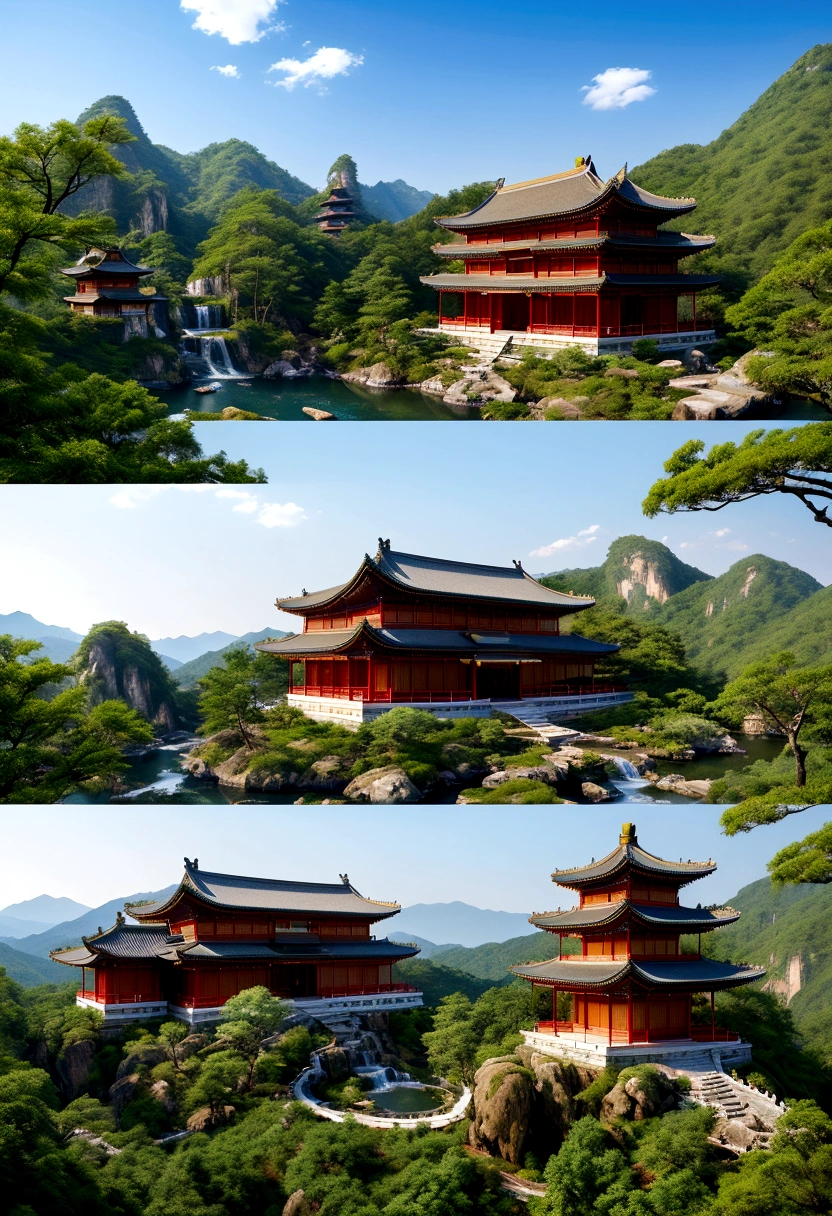 a landscape high rocks and a waterfall in the centre, at the bottom is a traditional Chinese house and its ornaments. clear sky. high quality, very detailed. 8K ultra hd