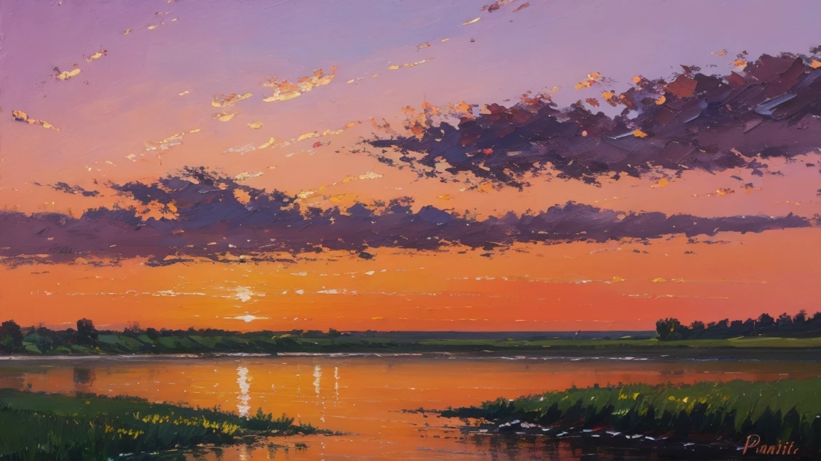 a painting of a sunset sky, oil painting, soft variations of color, plein air painting, realistic brushwork, strip painting, serene visuals, academic painting