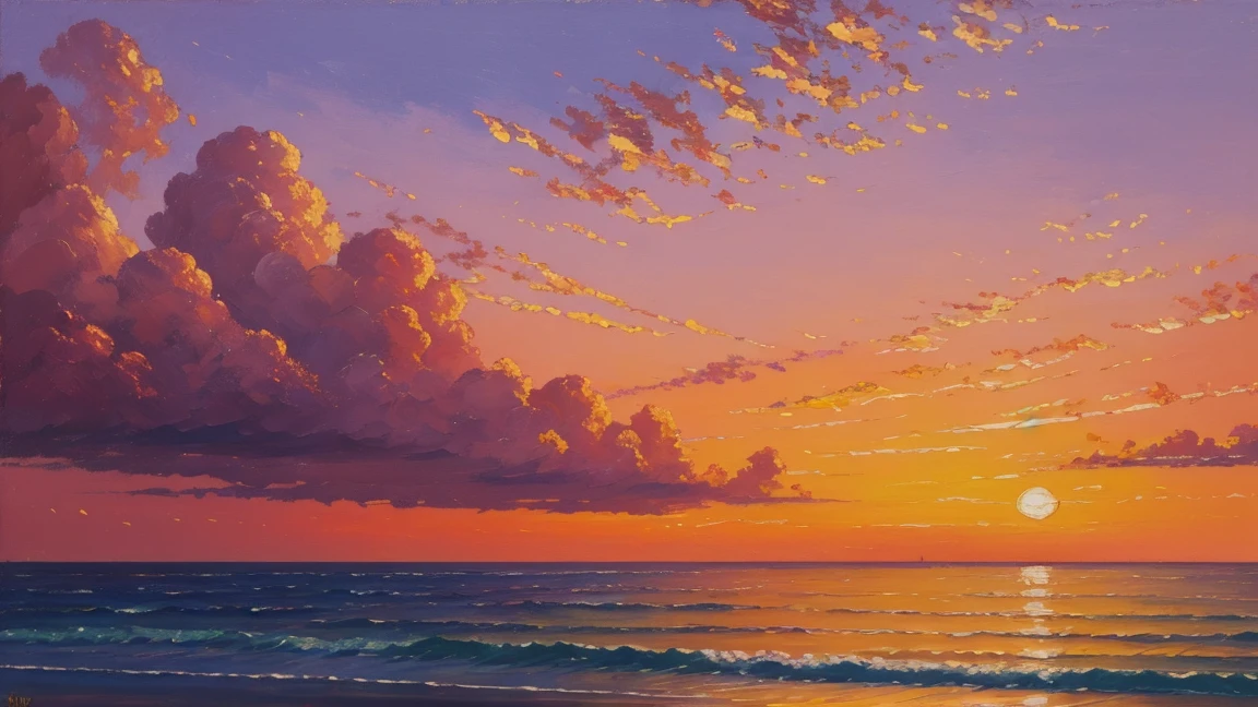 a painting of a sunset sky, oil painting, soft variations of color, plein air painting, realistic brushwork, strip painting, serene visuals, academic painting