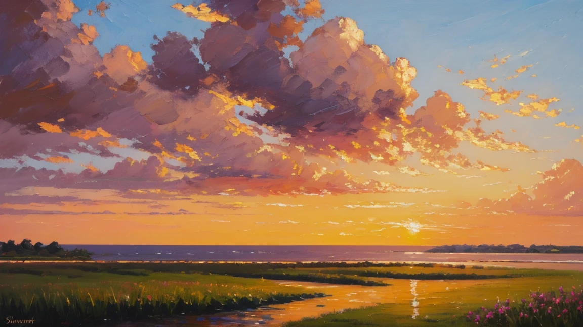 a painting of a sunset sky, oil painting, soft variations of color, plein air painting, realistic brushwork, strip painting, serene visuals, academic painting