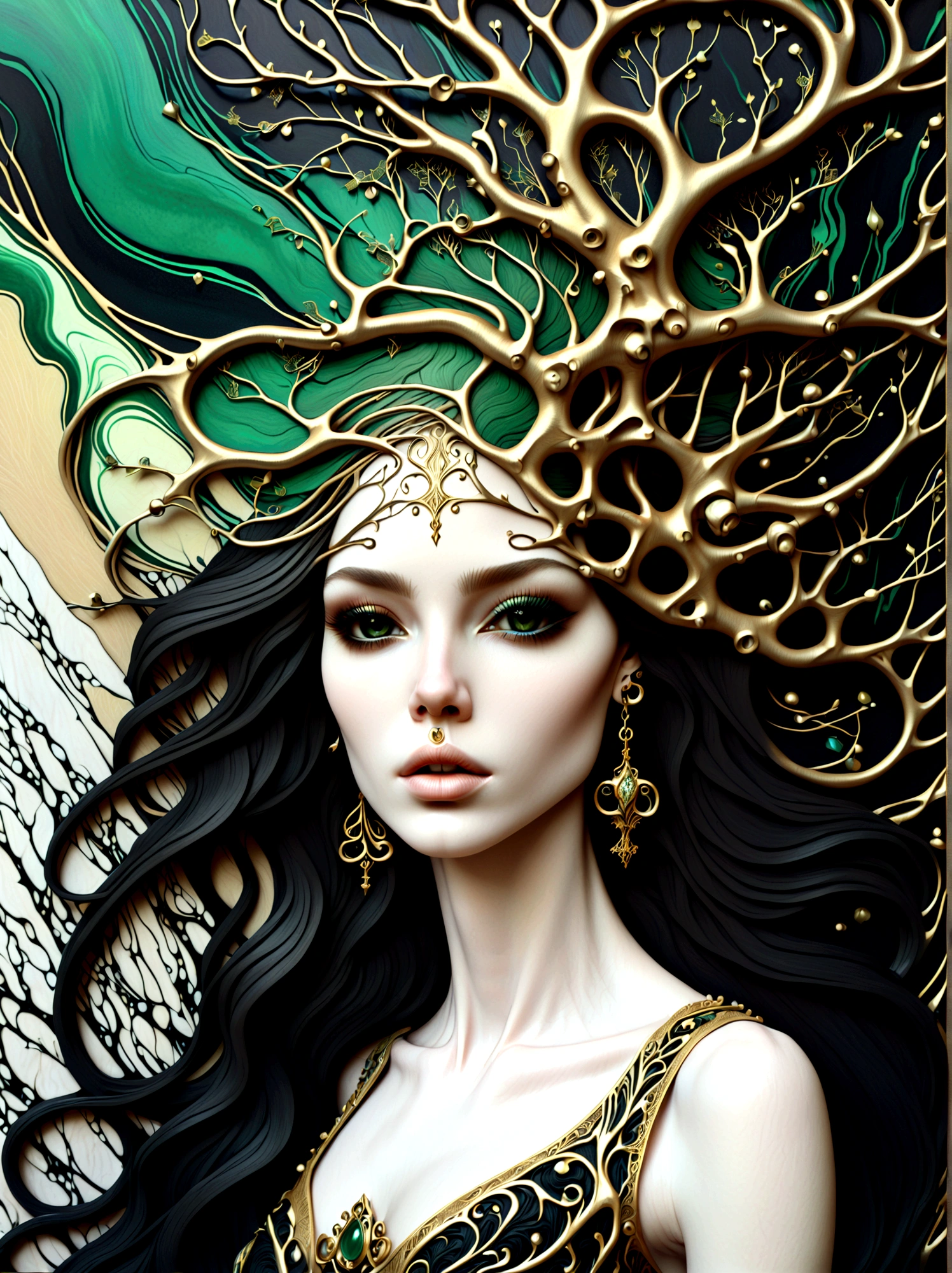 a beautiful portrait of a woman with the tree of life flowing from her head in an abstract marble texture, with colors of obsidian black, shiny gold, and emerald green, highly detailed, intricate design, BY Anne Bachelier,
