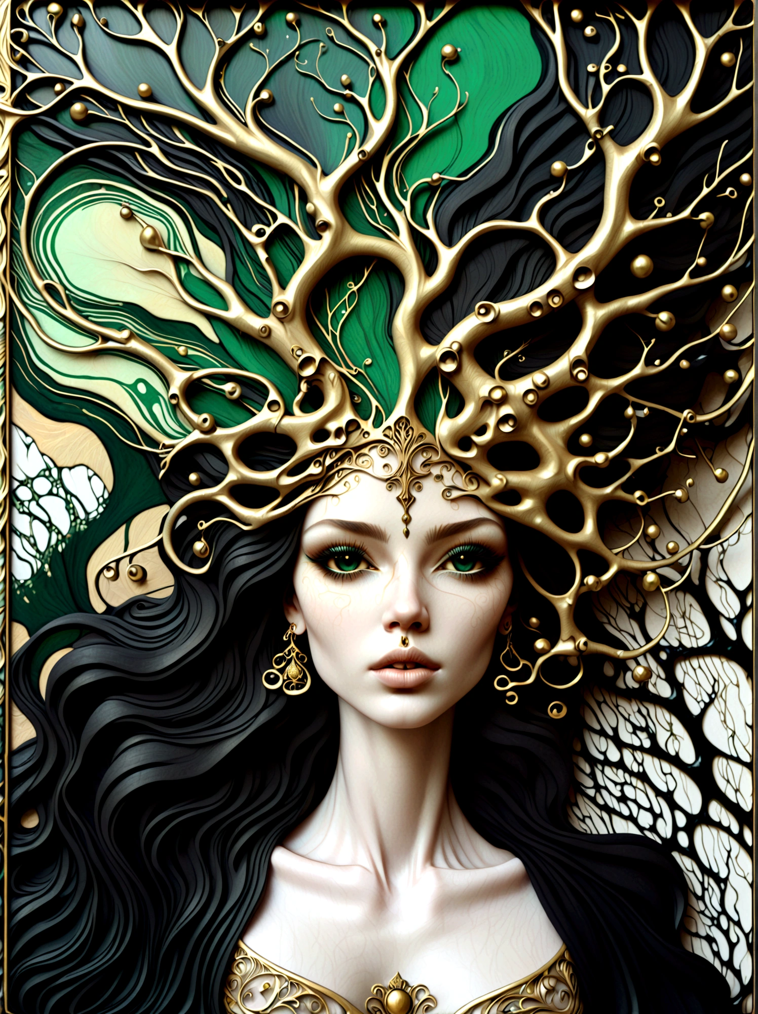 a beautiful portrait of a woman with the tree of life flowing from her head in an abstract marble texture, with colors of obsidian black, shiny gold, and emerald green, highly detailed, intricate design, BY Anne Bachelier,
