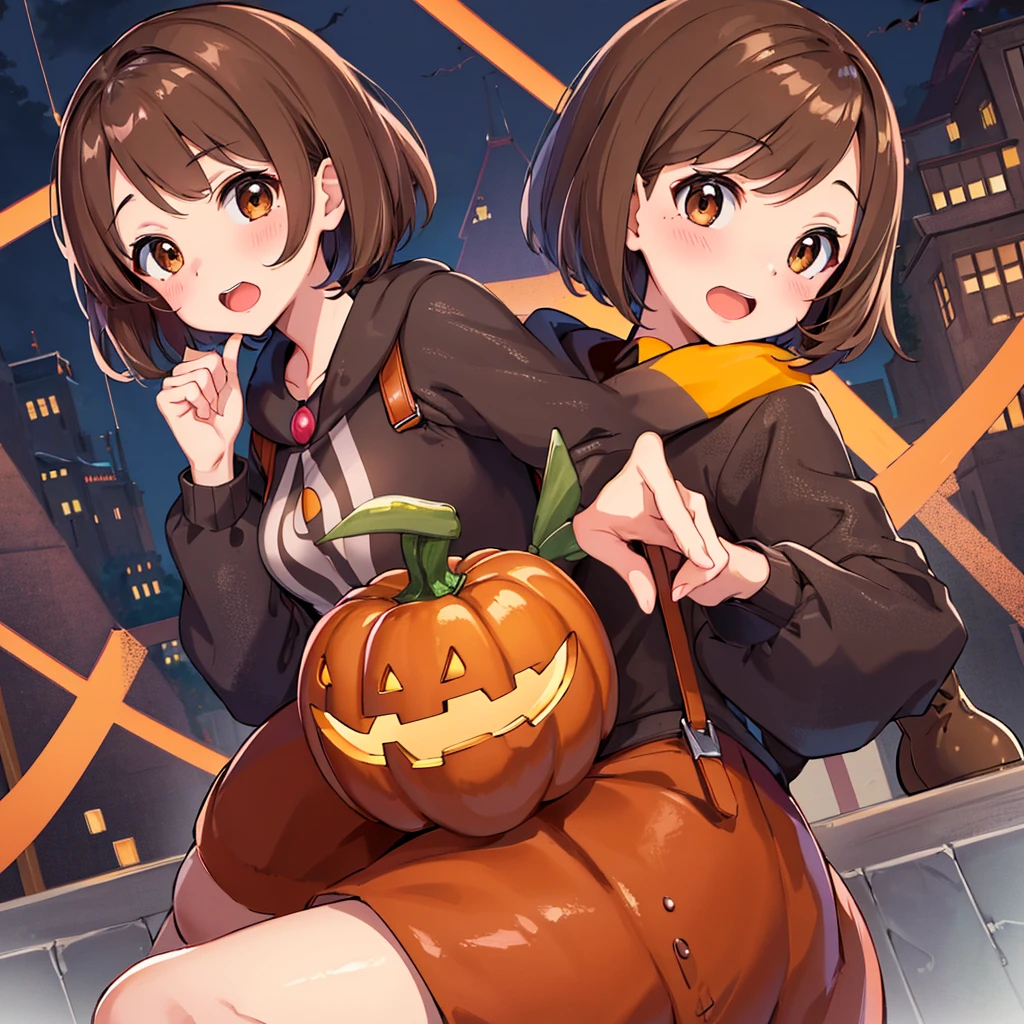 masterpiece, Highest quality, High resolution, Gloria1, 1 Girl, Gloria\(Pokémon\), Brown Hair, , Brown Eyes, , Short Hair, , Bobcut, bangs, , 　１Describe a girl carefully　１Girl　Alluring expression　blush　Open Mouth　blush　pumpkin　セクシーなHalloweenビキニ　Halloween　In town