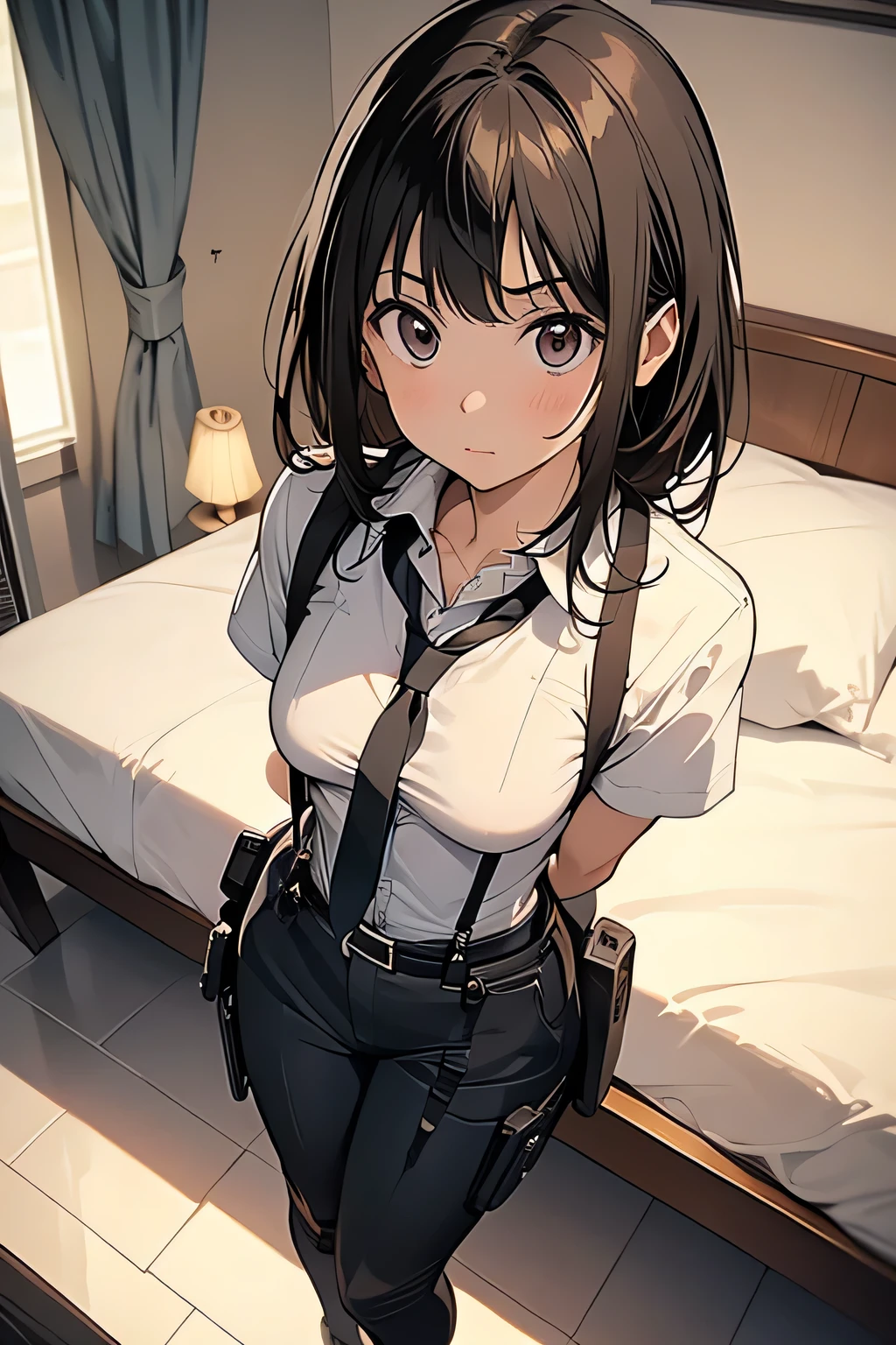 1 female, , high quality, masterpiece, Ultra-high resolution, , Cinema Lighting, , , And the suspenders with the cranes flying　　　Moderate breasts　 　 　　　　Small face　 　　　holster　　　　　　　 Lying in bed　Looking up　　　　Sweat 　　　belt　summer　脇Sweat 　Black Hole Gloves　suit　shirt　　Black jacket　 Black trousers　Leg Links　ズボンにbelt　　holster　 　　Hands behind your back　 Anxious expression　Looking up　Anxious face