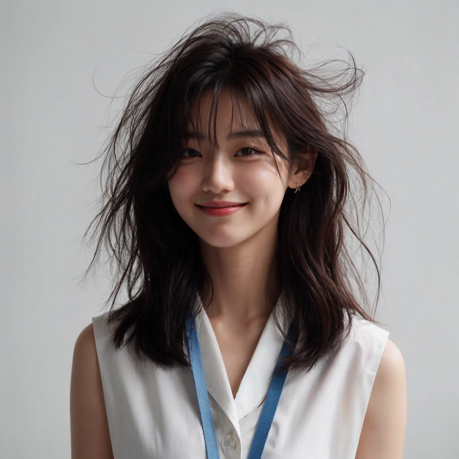A korean female with messy hairstyle. They are dressed in a sleeveless white blouse and have a blue lanyard around their neck. The expression is cheerful, with a smile. The background is clean and minimalistic with a white wall. UHD. 8k. realistic photo. masterpiece. Super detailed,Very detailed,sharp focus,Surreal:1.4,professional,HD images