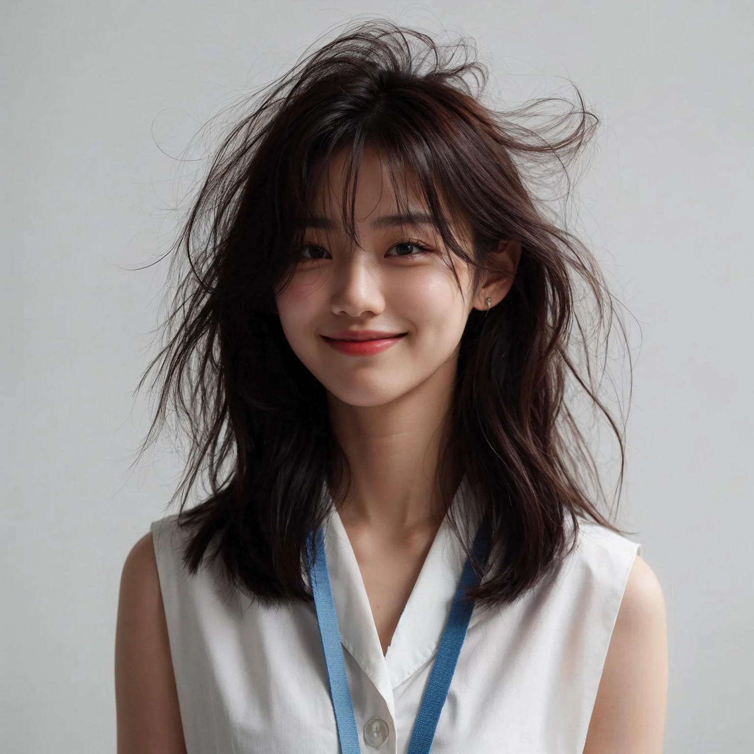 A korean female with messy hairstyle. They are dressed in a sleeveless white blouse and have a blue lanyard around their neck. The expression is cheerful, with a smile. The background is clean and minimalistic with a white wall. UHD. 8k. realistic photo. masterpiece. Super detailed,Very detailed,sharp focus,Surreal:1.4,professional,HD images
