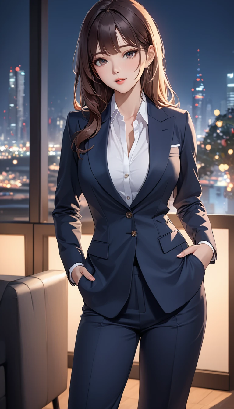 masterpiece, high resolution, beautiful woman, Korean Secretary, pants business suit, beautiful woman, cute, night, standing and looking at me, high resolution face, high resolution eyes