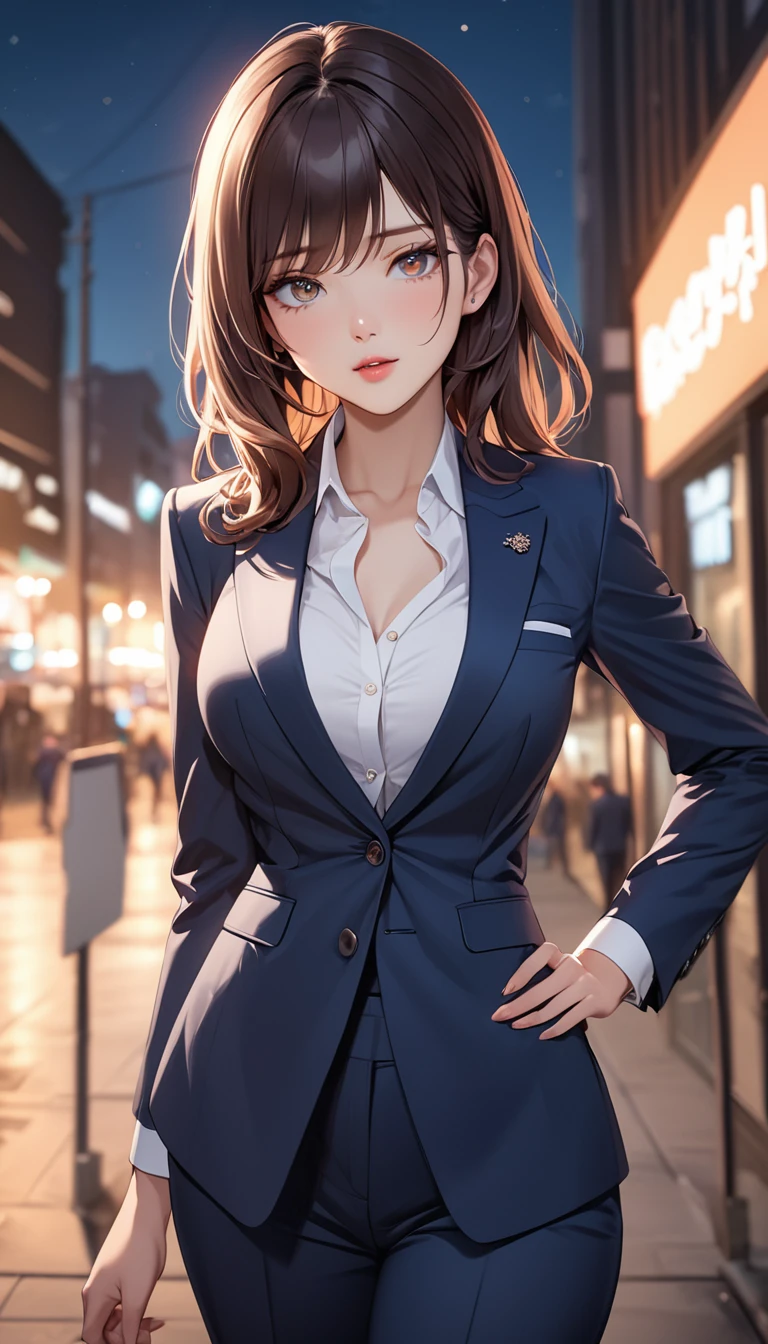 masterpiece, high resolution, beautiful woman, Korean Secretary, pants business suit, beautiful woman, cute, night, standing and looking at me, high resolution face, high resolution eyes
