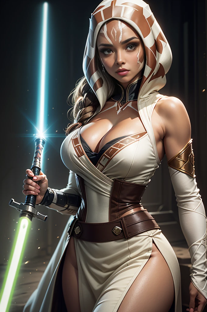 Green skin, white dress, cleavage, large breasts holding a light saber, portrait of ahsoka tano, cal kestis lightsaber wallpaper,25 year old female jedi, ahsoka tano, jedi holding, jedi knight, by Jason Felix
