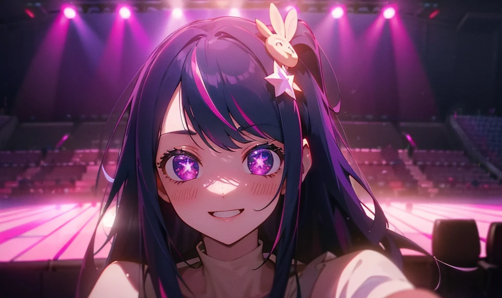Girl idol, Hoshino Ai, long hair, purple hair, streaked hair, purple eyes, star-shaped pupils, hair ornament, in the concert stage with a pink and purple lights and view towards the viewer, the viewers holding the pink and purple light stick, singing on stage in front of an enthusiastic audience at a futuristic metaverse music festival. AI singer stands on holographic stage、Imagine playing music with digital licenses and emotions. Beautiful scene combined with audience reaction, Light production, And a futuristic musical experience, smile with blush face, BREAK, quality\(8k,wallpaper of extremely detailed CG unit, masterpiece,hight resolution,top-quality,top-quality real texture skin,hyper realisitic,increase the resolution,RAW photos,best qualtiy,highly detailed,the wallpaper,cinematic lighting,ray trace,golden ratio\),(long view, 2D)