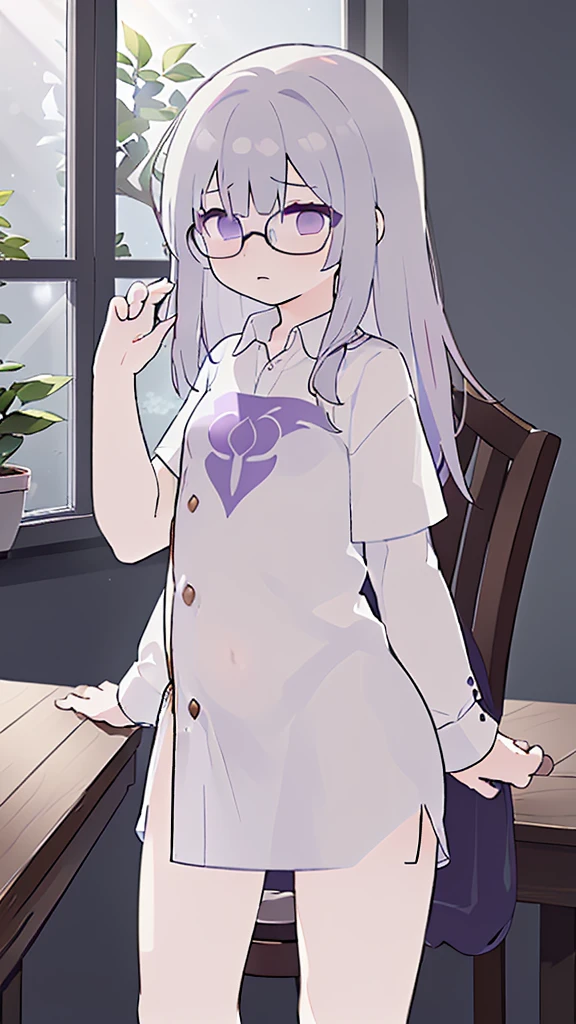 (flat:1.5),(cafe, window, sunlight, table, chair, sedentary:1.5) (BIG ASS, thick thighs:0.7), (warm light source:1.2), intricate details, volumetric lighting, Realism BREAK(masterpiece:1.2), (top quality), 4K, ultra detail, (Dynamic configuration:1.4), Very detailed and colorful details,(rainbow colors:1.2), (shining lights, atmospheric lighting), dreamy, magical, (alone:1.2), intricate details, cheeky expression, (big bust:1.5), (Black eyes with a slight purple tint:1.5), (a devastated expression, dead eyes, dark atmosphere:1.5), (Very white and long hair with a bluish tint, weak perm:1.5), (oversized shirt:1.5), (white clothes without any decoration, A white shirt long enough to cover the buttocks, very baggy shirt, shirt that falls down to the thighs, bare foot, round-rimmed glasses:1.5), (chubby:1.1), (quiet eyes, no passion:1.5),(human ear,thin legs:1.5),(chair에 sedentary, diagonal shot:1.5)