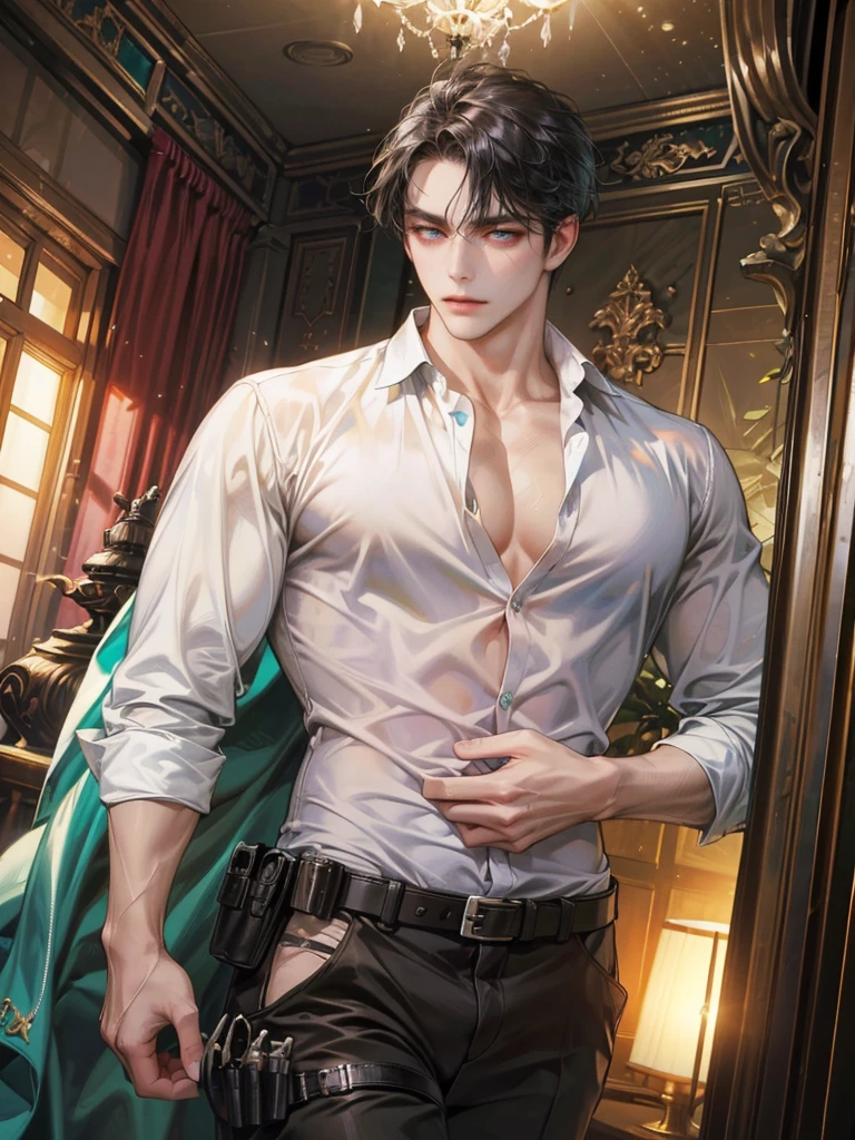 (absurdres, highres, ultra detailed, original character, HDR), 1 russian boy, solo, adult, handsome, ((tall muscular guy, broad shoulders)), finely detailed eyes, (black hair), hair between eyes, turquoise eyes, holographic, futuristic, casual and sexy outfit, gun holster, (body tight white shirt), (large man breasts), ((wearing an earring)), cowboy shot, dutch angle, face focused, british colonial room scenery, dystopian hong kong city, indoor, Cyan, Magenta, long face, closed mouth, looking at viewer, depth of field, bokeh