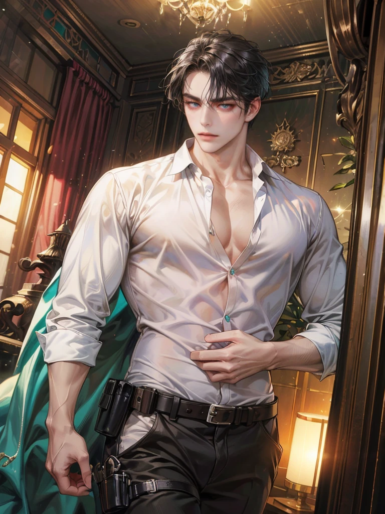 (absurdres, highres, ultra detailed, original character, HDR), 1 russian boy, solo, adult, handsome, ((tall muscular guy, broad shoulders)), finely detailed eyes, (black hair), hair between eyes, turquoise eyes, holographic, futuristic, casual and sexy outfit, gun holster, (body tight white shirt), (large man breasts), ((wearing an earring)), cowboy shot, dutch angle, face focused, british colonial room scenery, dystopian hong kong city, indoor, Cyan, Magenta, long face, closed mouth, looking at viewer, depth of field, bokeh