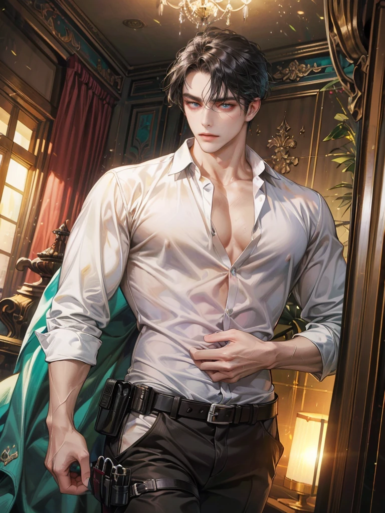 (absurdres, highres, ultra detailed, original character, HDR), 1 russian boy, solo, adult, handsome, ((tall muscular guy, broad shoulders)), finely detailed eyes, (black hair), hair between eyes, turquoise eyes, holographic, futuristic, casual and sexy outfit, gun holster, (body tight white shirt), (large man breasts), ((wearing an earring)), cowboy shot, dutch angle, face focused, british colonial room scenery, dystopian hong kong city, indoor, Cyan, Magenta, long face, closed mouth, looking at viewer, depth of field, bokeh
