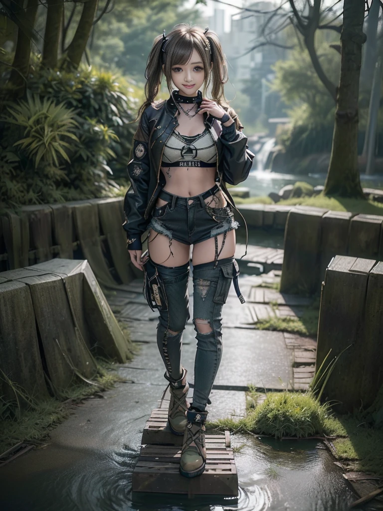 (Hostess:1.3)、(Smiling with teeth showing:1.3),(Shibuya Gal:1.5)、(Landmine Girl:1.4)、(ta Fashion:1.5)、(Punk RockVisual Kei:1.4)、(A modern short jacket in dark grey and moss green.:1.5)、(Tattered brown and charcoal denim low rise cargo pants:1.5)、(Mustard Yellow Headband:1.3)、(Charcoal and khaki striped knee socks:1.4)、collar、(Brown platform long boots)、(Clothing with logo pattern:1.4)、20-year-old、Browsing Caution,((Highest quality、In 8K、masterpiece:1.3))、Sharp focus:1.2、(Layered Cut、Huge breasts:1.1),Beautiful woman with perfect figure:1.4、(Doing an aerobics pose:1.3)、Slim Abs:1.2、Butt、Highly detailed face and skin texture、Fine grain、double eyelid,(Twin tails:1.3)、(Brownish golden hair:1.3)、Obscene、Idol Sculpture、(The landscape is a beautiful temple of water and forest:1.3)、(Slimming your legs:1.4)、(The body is slim:1.3)、(clavicle:1.1)