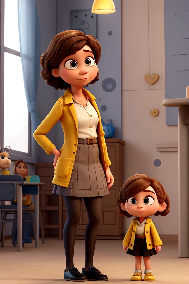 A photo of Ligia Travensolo, a Disney Pixar 3d style character, based on the movie Inside Out, she is short, is around 40 years old, is a french teacher, has light skin and shoulder-length dark brown hair, and brown eyes. She is wearing a black blazer, over a mustard yellow top, paired with a grey skirt and black tights and low heel black shoes. Looking at the camera.