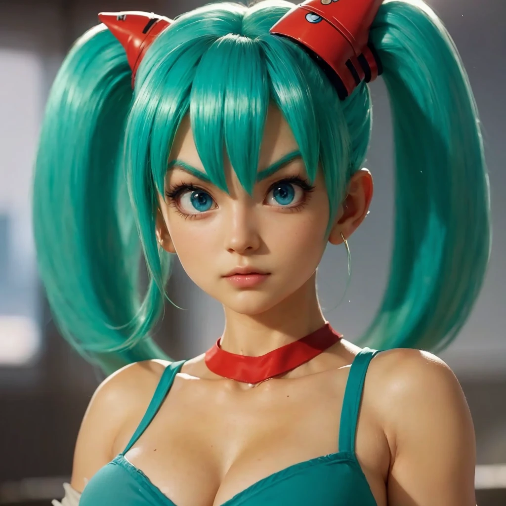 Bulma, blue eyes, highly detailed, incredibly realistic, perfect face and body, spiked hair, determined expression, dynamic pose, photorealistic, 8k, hyperrealistic, cinematic lighting, dramatic shadows, vibrant colors, masterpiece.