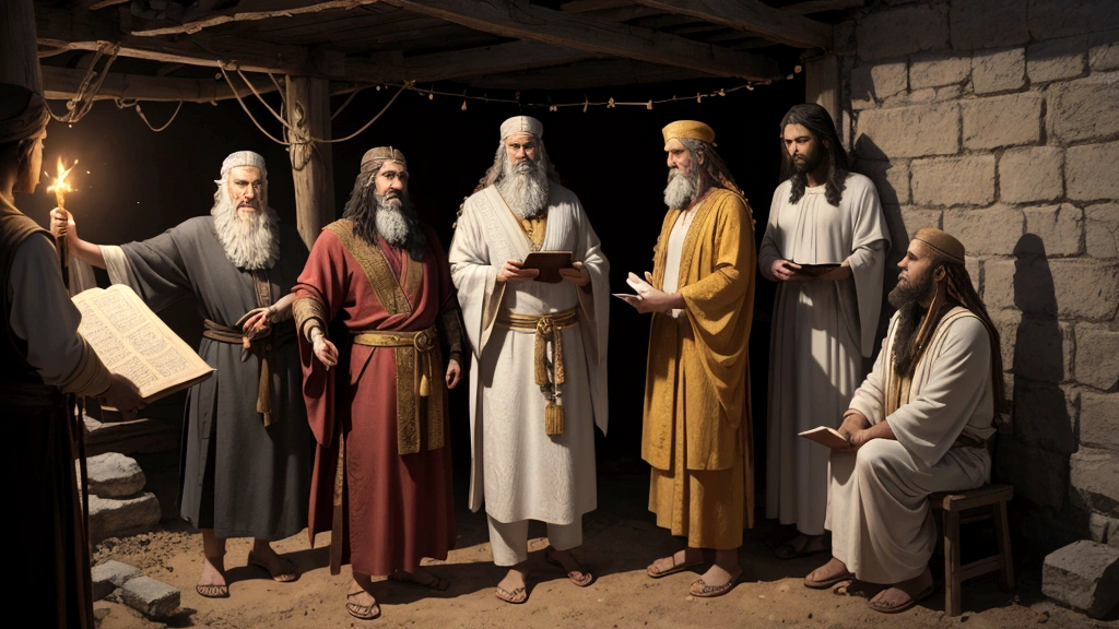 "Description: Illustrate a scene where ancient biblical figures like Moses, Elijah, and John the Baptist stand alongside modern individuals sharing personal stories of their encounters with Heaven and Hell. Show Moses holding the tablets of the Ten Commandments, Elijah in a fiery chariot, and John with his visions of Revelation, juxtaposed with modern people recounting near-death experiences and spiritual encounters.
Details: Use a blend of ancient and modern imagery to convey the continuity of spiritual experiences across time. Include symbolic elements such as scrolls with ancient scriptures, glowing light representing divine presence, and a diverse group of individuals from various cultures and backgrounds. This visual should evoke a sense of continuity in biblical teachings and their relevance in contemporary spiritual understanding."