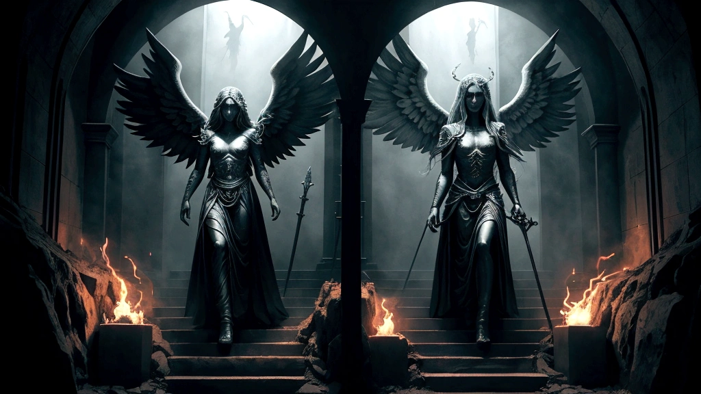 "Description: Create contrasting scenes depicting vivid glimpses of Heaven and Hell as described in biblical and modern testimonies. Show an ethereal depiction of Heaven with radiant light, angelic beings, and peaceful landscapes. Contrast this with a darker, somber portrayal of Hell with fiery depths, ominous shadows, and figures in anguish.
Details: Use contrasting color schemes and lighting effects to differentiate between Heaven and Hell. Incorporate visual metaphors like stairways leading upward to Heaven and downward to Hell, angelic figures comforting souls in Heaven, and demonic beings in torment in Hell. This visual should convey the stark contrast between eternal destinies as depicted in biblical teachings and modern testimonies.
"