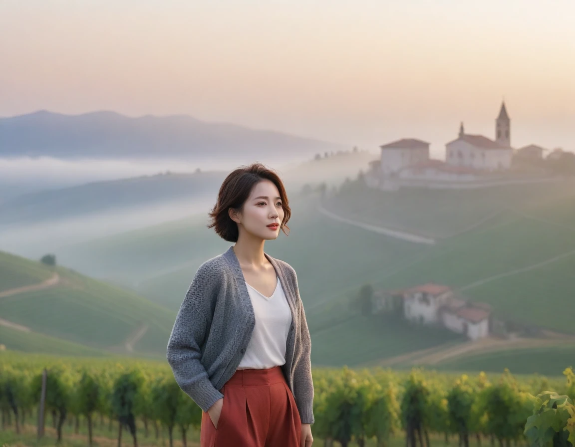 k Best picture quality, Beautiful 36-year-old Korean woman, short and good weather. Chest size 34 inches, dense fog at dawn in the italian countryside, Past the vineyards, a cathedral can be seen through the fog on a hill in the distance., Red sunrise scene, Back background realistic and vivid image quality, Short and medium hair blowing in the wind, Wearing comfortable travel clothes, casual pants and a cardigan., Faint smile. The background is clear, Short and slim Korean woman, Standing in the distance, photographed with a wide-angle lens, full body shot