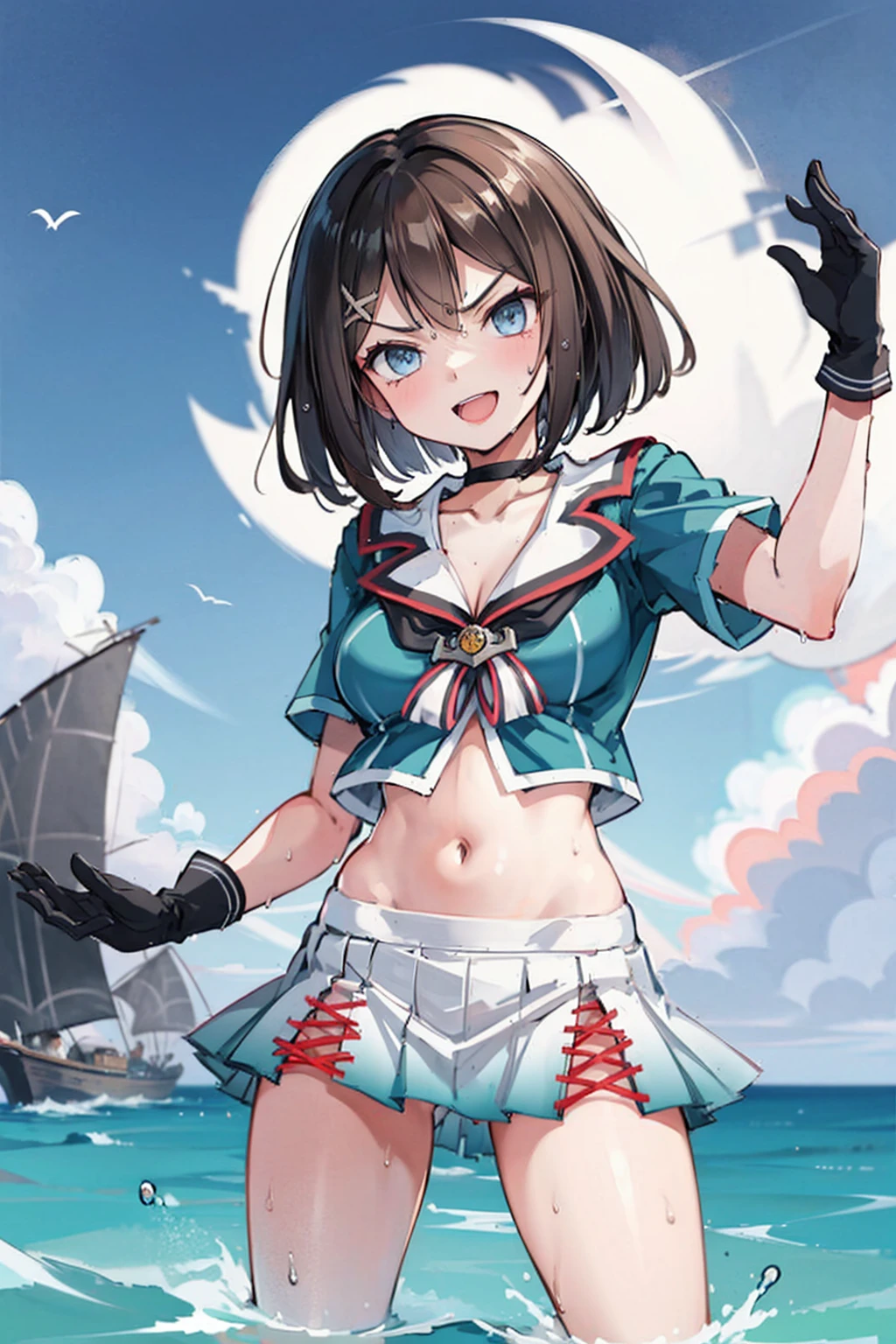 1young_teen_ girl, , brown_hair, medium_bob_hair, blue_midriff_baring_sailor_uniform, mini_skirt, short_sleeve, thighs, large_, angry, smile, open_mouth, standing, harbor_background, slightly_spread_Legs, happiness, short_gloves, wet,,covered_nipples, covered_crotch,Maya_flag,