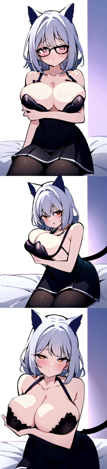 Girl with white hair, cat ears, black glasses, blushing extremely, she has put on a bra if her breasts are small, grabbing her breasts, a black skirt, a cat tail with black stockings on the bed