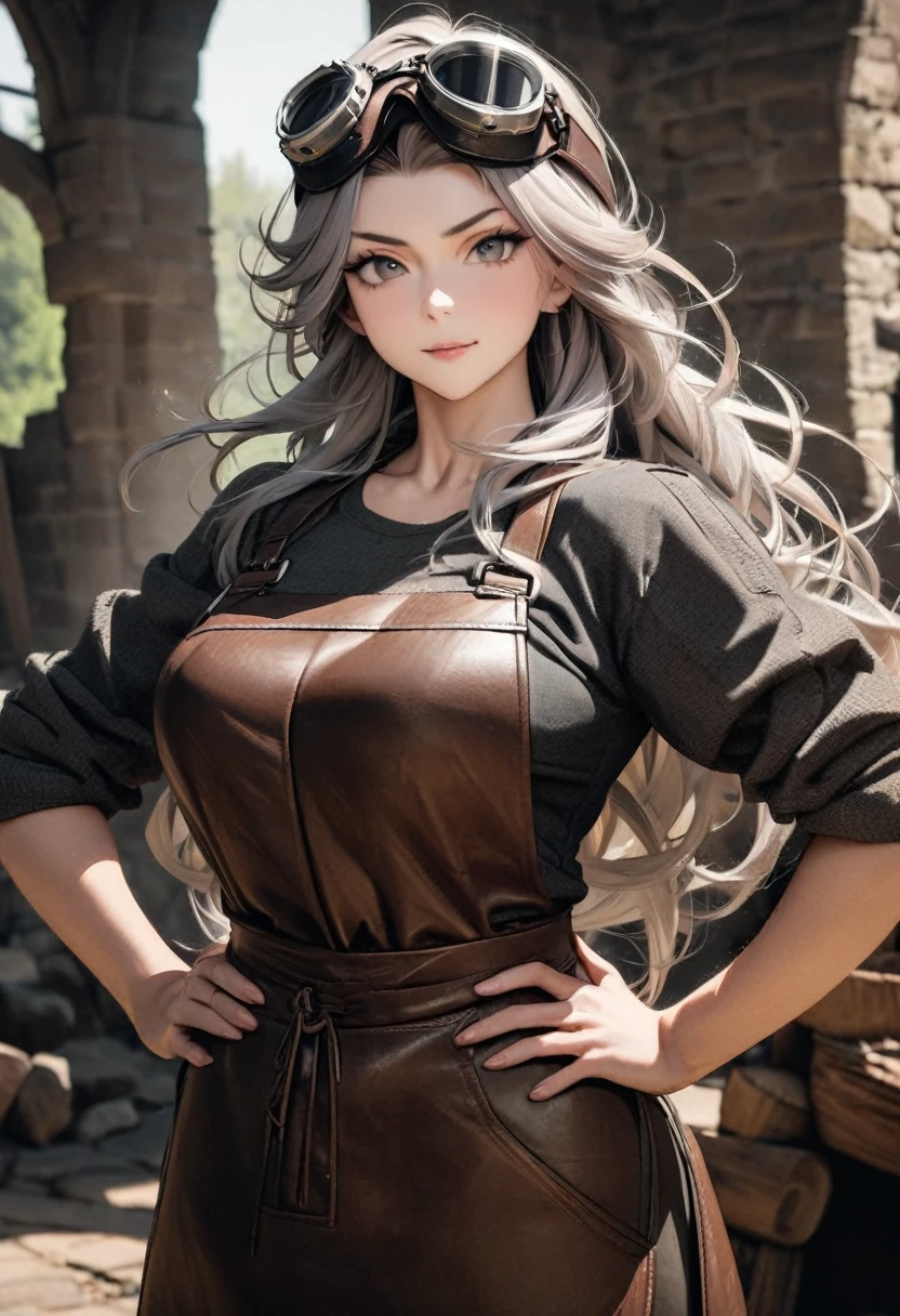 Masterpiece, best quality, high resolution, 8K raw photo. A beautiful medieval blacksmith woman with long, flowing hair and a muscular build. She is wearing intricately designed goggles on her head, a leather apron, and rugged work clothes. She stands with her hands on her hips, looking directly at the camera with a confident expression. The background is solid gray.