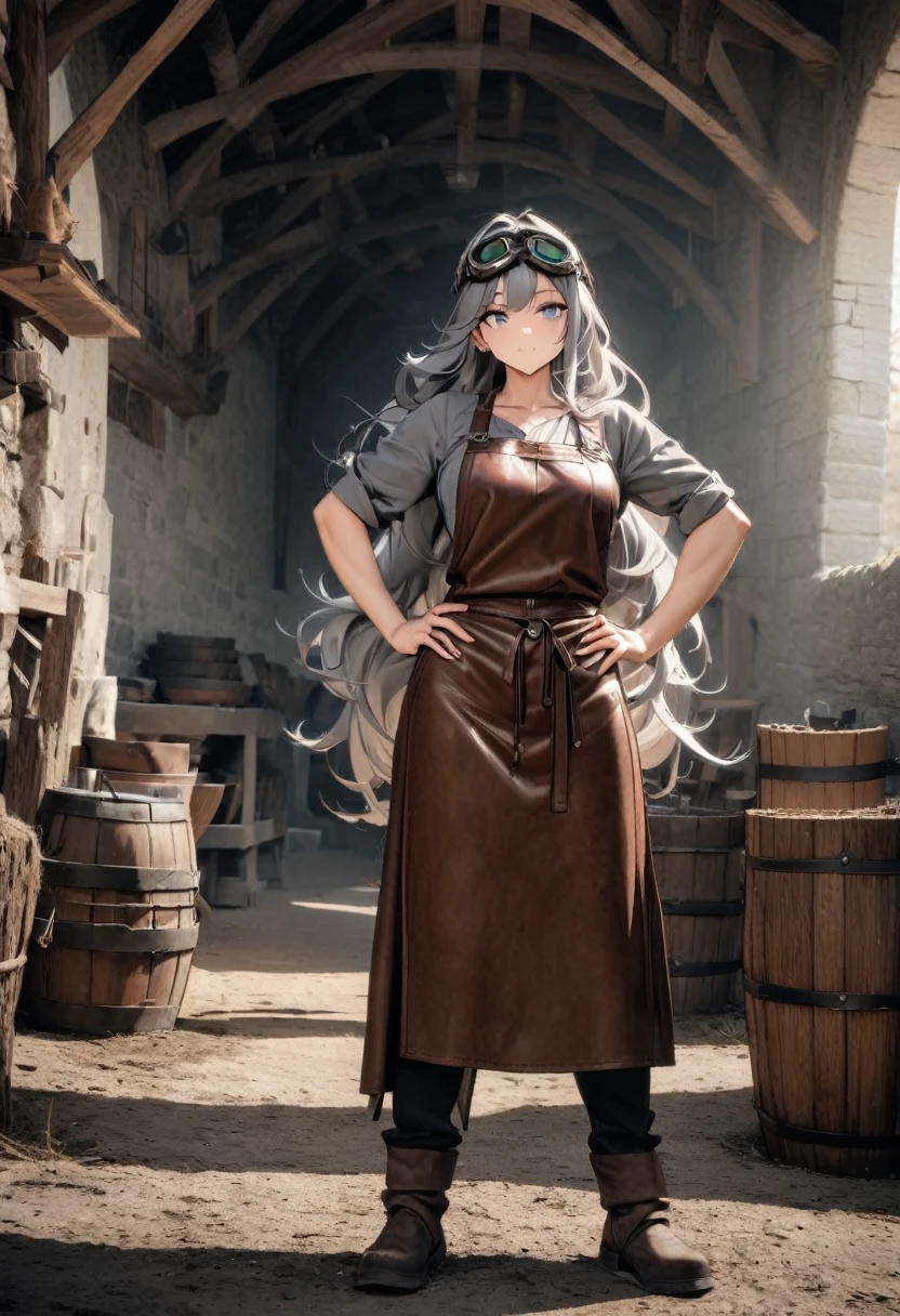 Masterpiece, best quality, high resolution, 8K raw photo. A beautiful medieval blacksmith woman with long, flowing hair and a muscular build. She is wearing intricately designed goggles on her head, a leather apron, and rugged work clothes. She stands with her hands on her hips, looking directly at the camera with a confident expression. The background is solid gray.