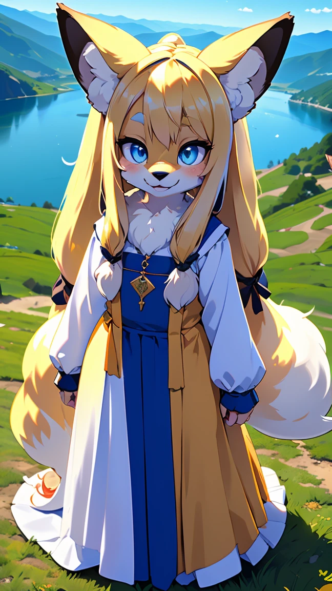 (furry foot:1.5),(Sparkling blue eyes:1.5),(Round eyebrows:1.5),((Fisheye Lens:1.5)),(Black Hat:1.3),(Natural light:1.3),(height: 120cm),(smile:1.5),(Little:2.0),((on a hill overlooking the lake:1.5)),(Wolf's tail),(Open your arms),(Heart-shaped pupils),((infant)),Noble,(White Wolf Maiden),(),((Long Hair:1.7)),(fur),(White long dress:1.5),Brown corset,steampunk,finale,(furin covered),sitting,(a large black ribbon on the head,:1.3),(Round eyebrows),(Wolf Ear:1.2),(wearing),(Gorgeous medieval fantasy costume:1.5), (character) , (Highest quality,4K,8K,High resolution,masterpiece:1.2), Very detailed, (Realistic,Realistic,Realistic:1.37), High resolution, 超High resolution, studio lightning, ultra-fine goodinting, Sharp focus, Physically based rendering, extrine detail description, Professional, Bright colors, Bokeh, (in) you bring, landscape, photograph, Concept Artist (style), (and) vibrant color goodlette, (good) soft lighting. jewelry