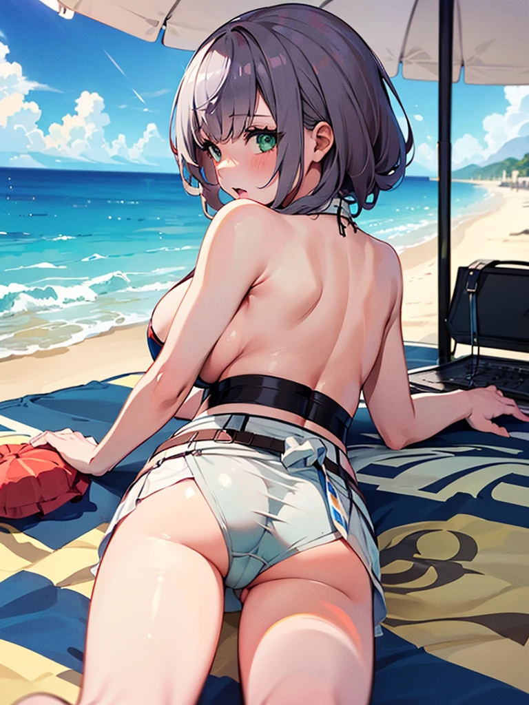 ((masterpiece, Highest quality, Super detailed)),8K,One girl,((super fine illustration)),((cute eyes,highly detailed skin)),((well endowed,Blessed,Captivating body、Detailed Background))、(sun、vacation、Tropical、White sand beach、I can see the ocean in the distance、On the beach mat、Beach parasol)、(glossy skin:1.2), (Embarrassed:1.3) , 1girl,(ass pov, from behind:1.3),1boy, (grab waist:1.5), (on stomach, lying,looking back:1.5),orgasm, sigh,large breasts, (masterpiece:1.2)、