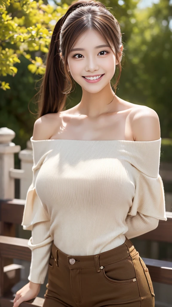 Highest quality、Highest quality、Highest pixels、Brown Hair、ponytail、masterpiece、.Big breasted、See details. Ultra-high resolution. Japanese、One young woman、Real、Realistic、smile、Off-the-shoulder tops、skinny pants、