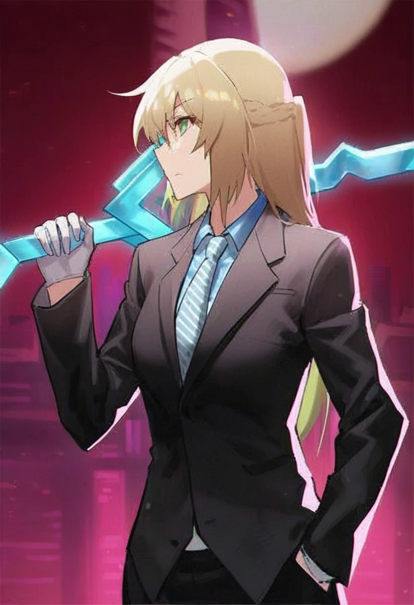 A short woman in a suit