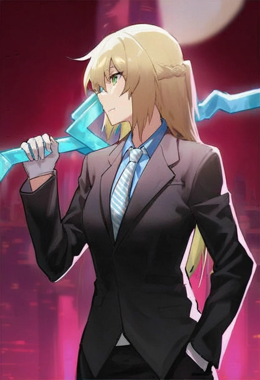 A short woman in a suit