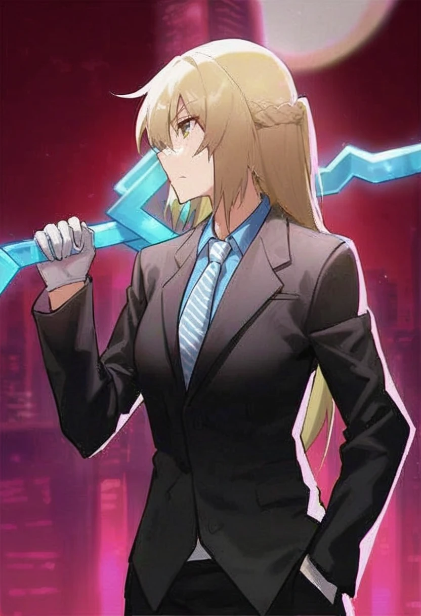 A short woman in a suit