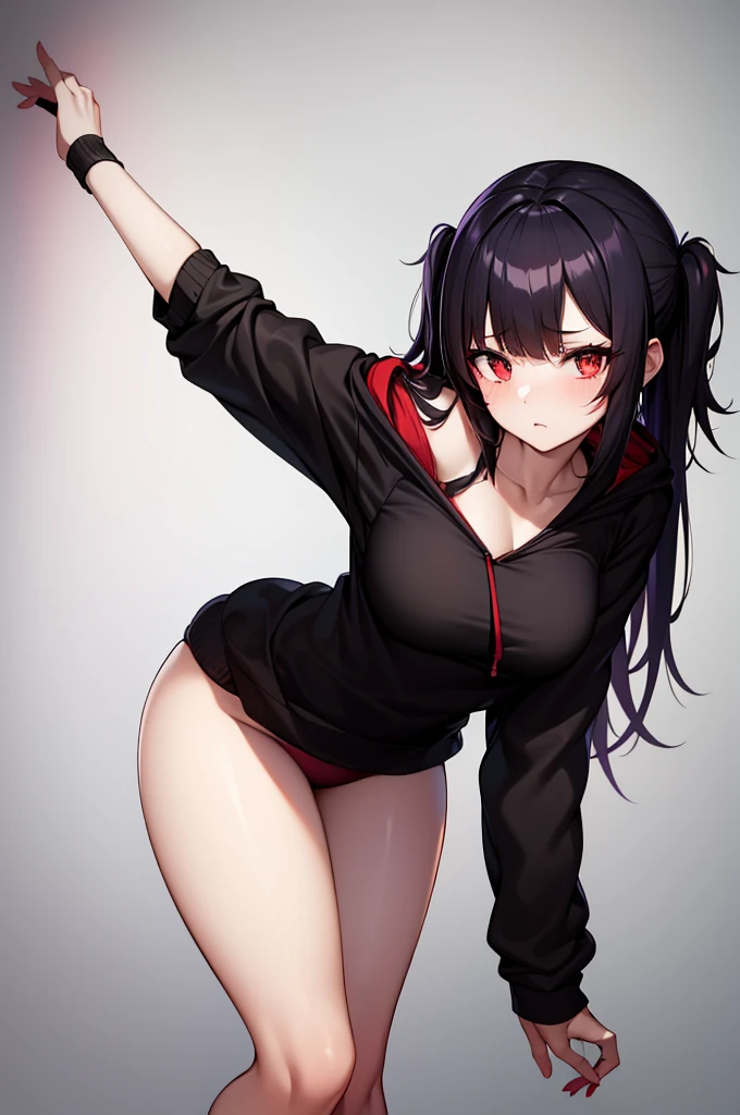 A anime goth girl, wearing a black hoodie, wearing red lacy panties, dark vl