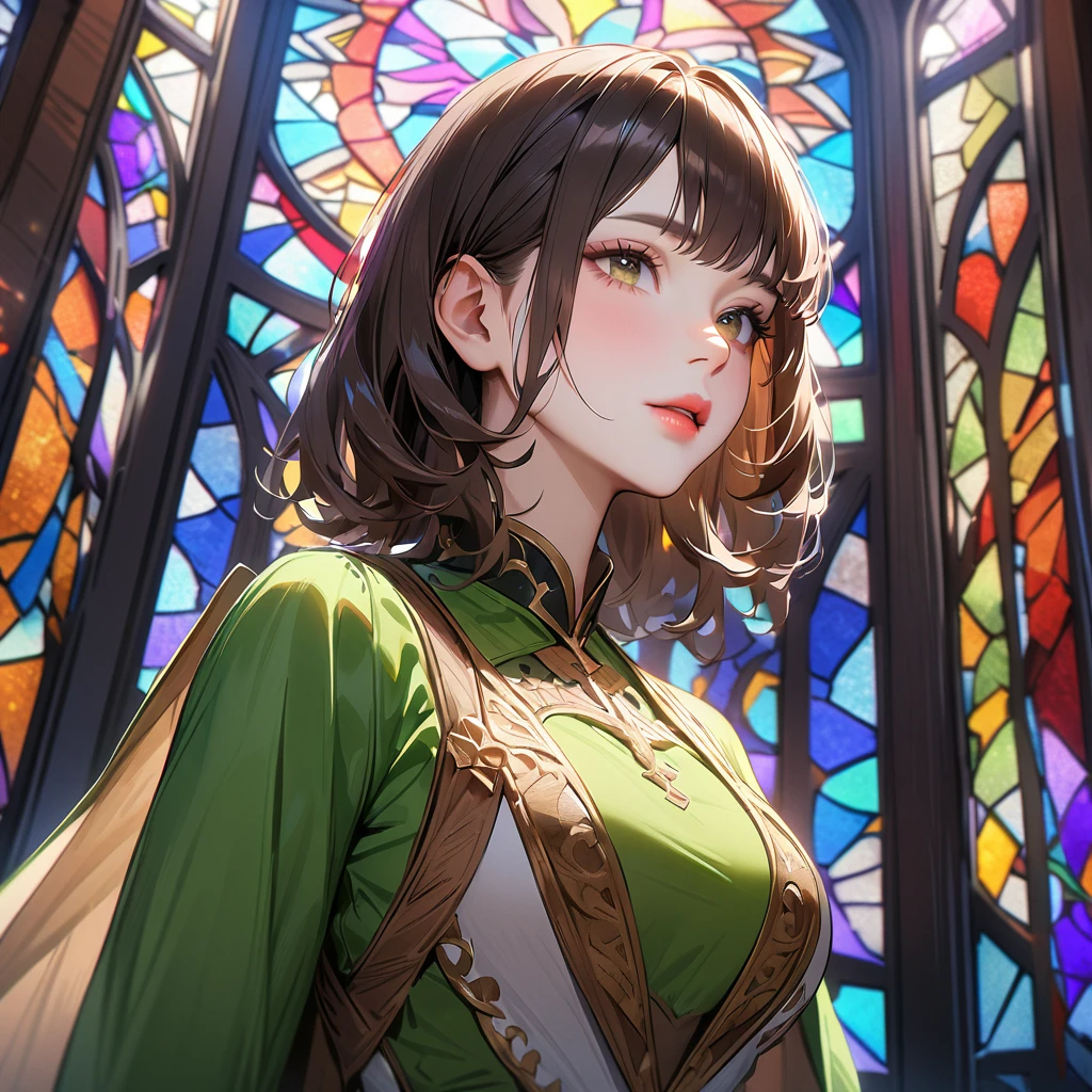 1 person, green top, Dark brown hair, Stained glass, Vibrant colors, masterpiece, Highest quality, Fine grain, Detailed lips, Detailed clothing, (Iris: 1.2), Very realistic face,