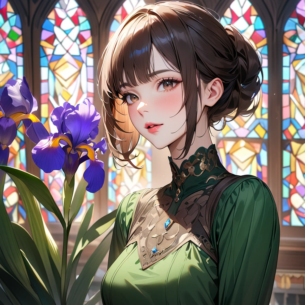 1 person, green top, Dark brown hair, Stained glass, Vibrant colors, masterpiece, Highest quality, Fine grain, Detailed lips, Detailed clothing, (Iris: 1.2), Very realistic face,