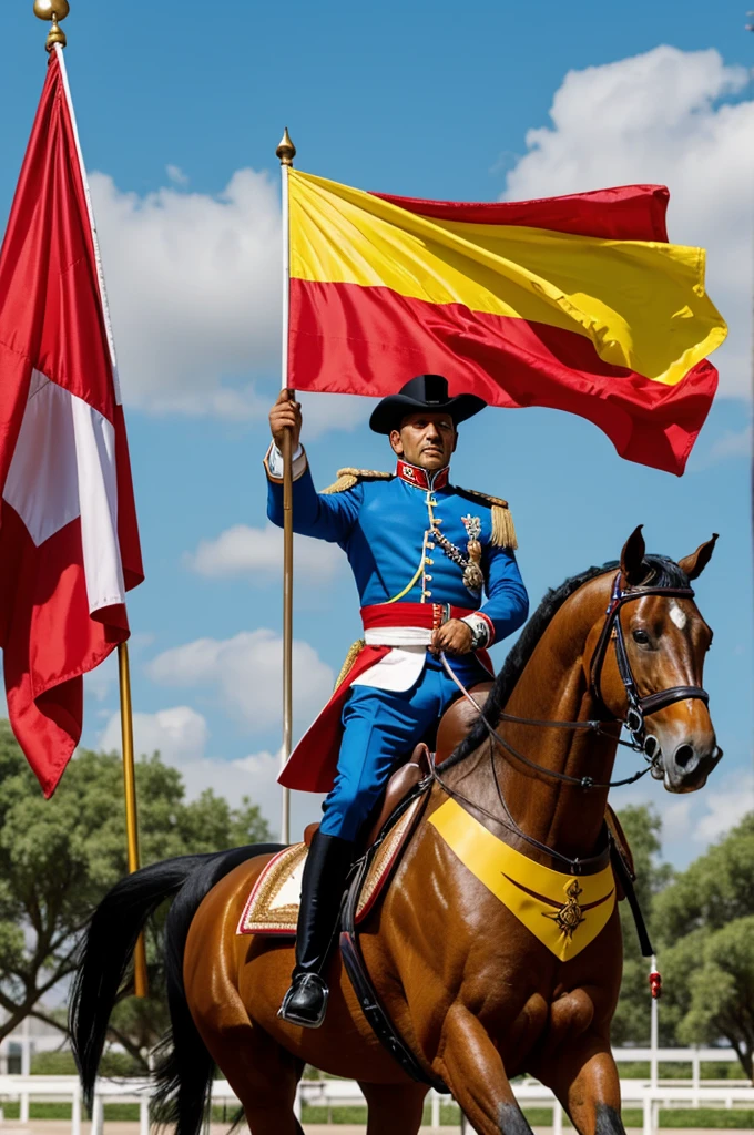 Simon Bolívar on a beautiful horse with a blue and red yellow flag