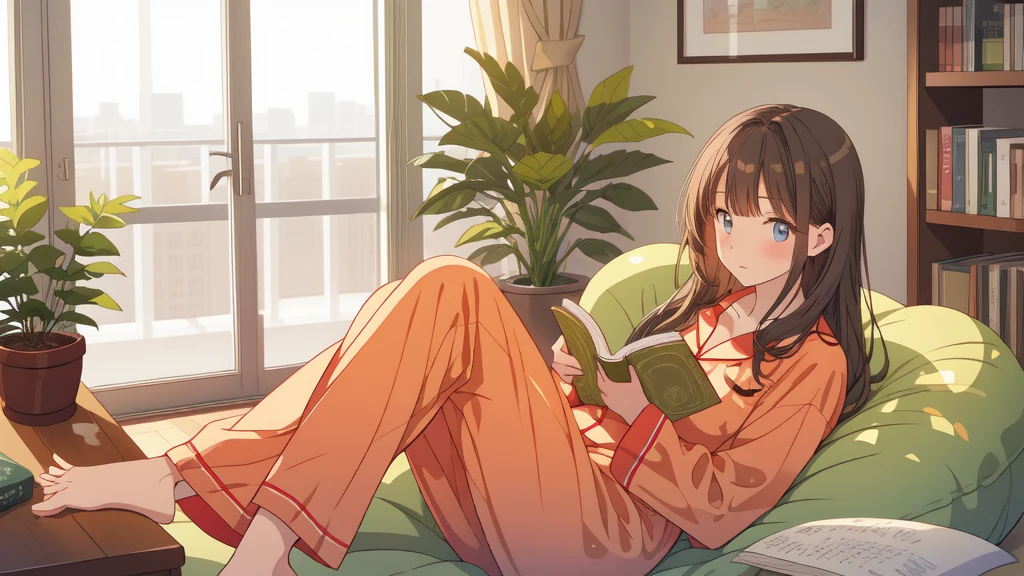 Cozy apartment with plants, Woman reading a book, Cozy bean bag chair, pajamas, Detailed face