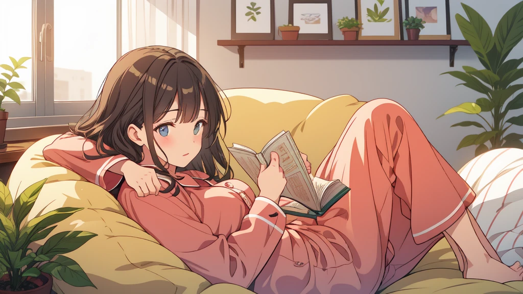Cozy apartment with plants, Woman reading a book, Cozy bean bag chair, pajamas, Detailed face