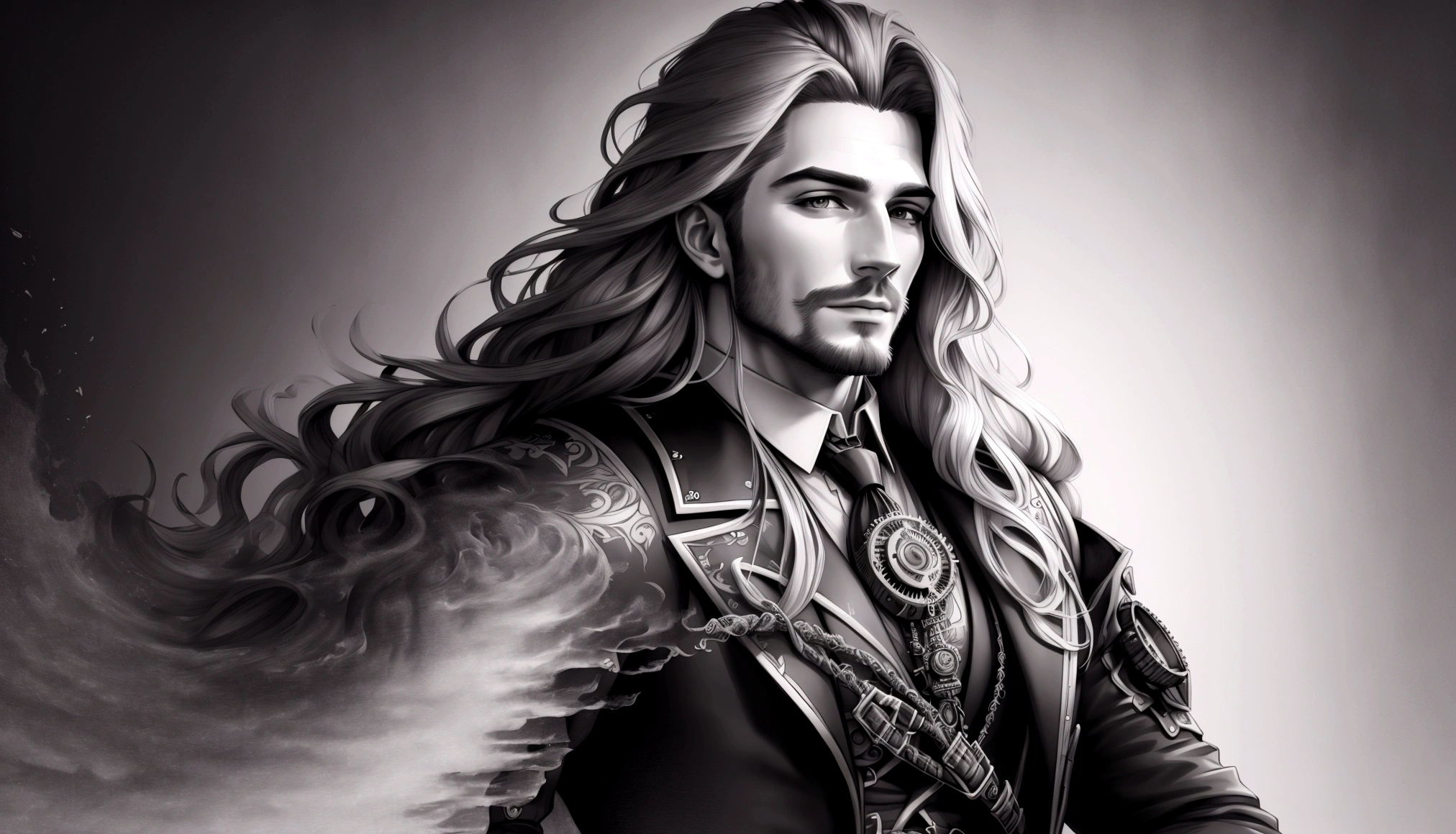 illustration,monochrome,(Highest quality:1.4),(4K:1.4),(Detailed:1.3),Pencil drawing style,Bust,A man with slightly long hair,Landscape,Deeply carved,Handsome,steampunk