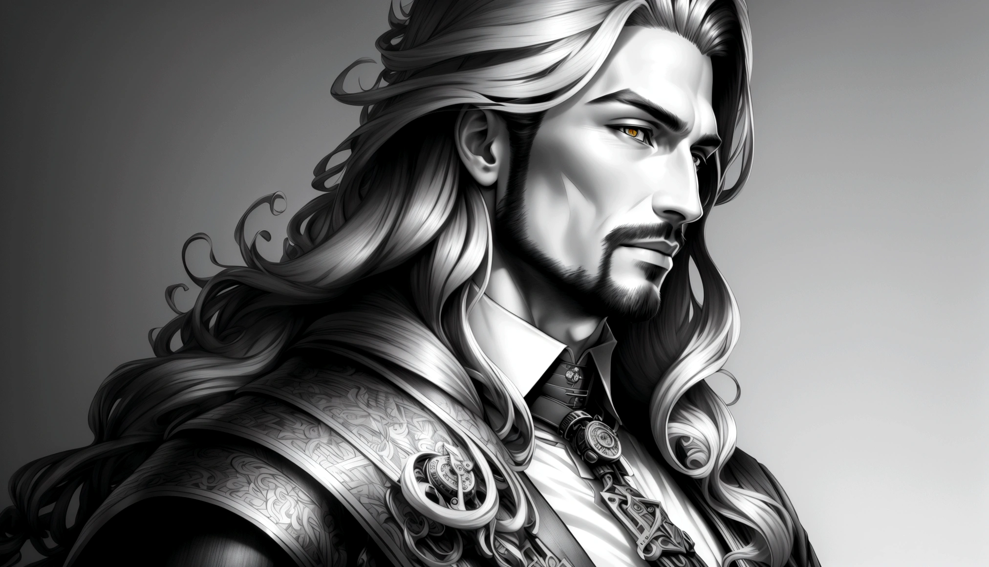 illustration,monochrome,(Highest quality:1.4),(4K:1.4),(Detailed:1.3),Pencil drawing style,Bust,A man with slightly long hair,Landscape,Deeply carved,Handsome,steampunk