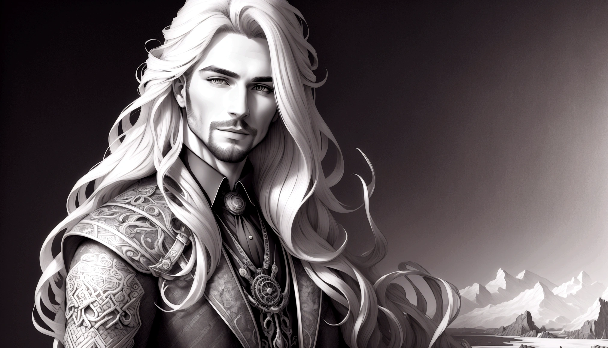 illustration,monochrome,(Highest quality:1.4),(4K:1.4),(Detailed:1.3),Pencil drawing style,Bust,A man with slightly long hair,Landscape,Deeply carved,Handsome,steampunk