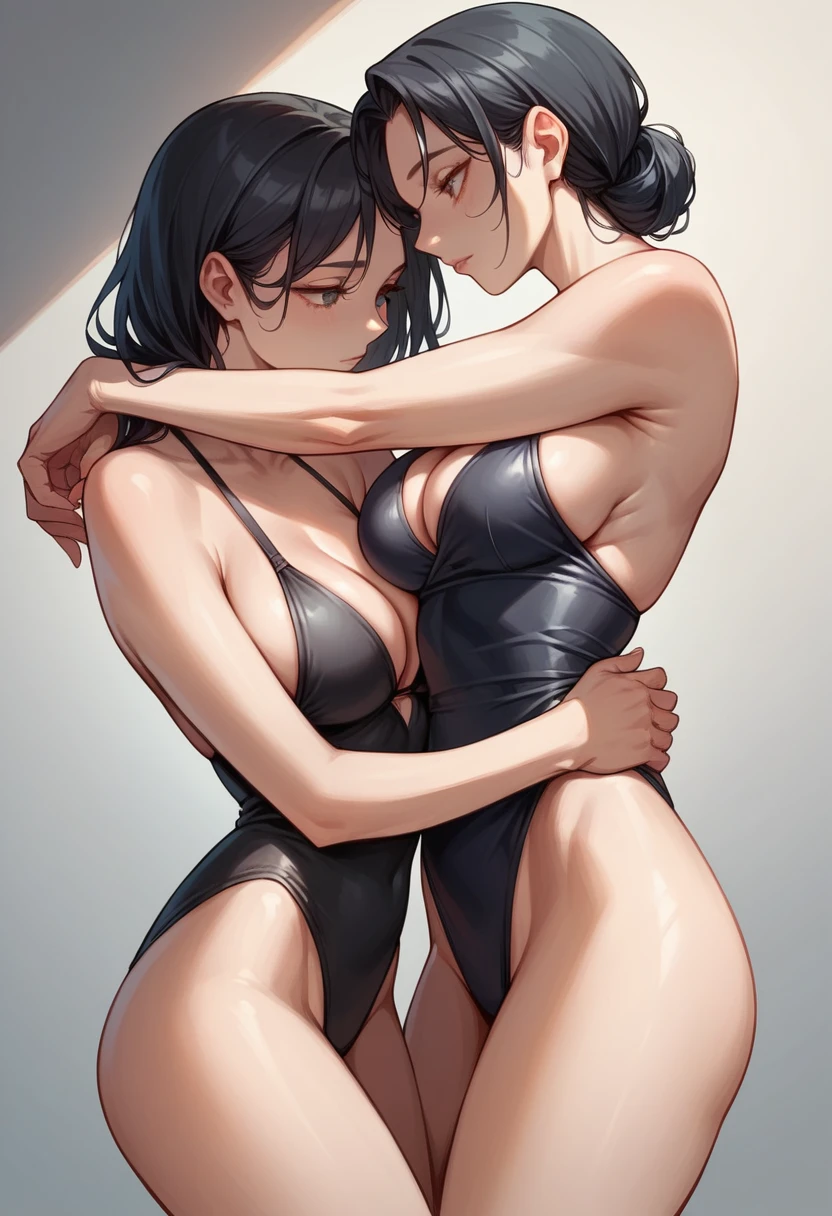 beautiful girl, Beautiful breasts, Long black hair, High-legged black swimsuit, Right facing, Look to the right, high resolution, background through,upright, Waistline, Warped hips,