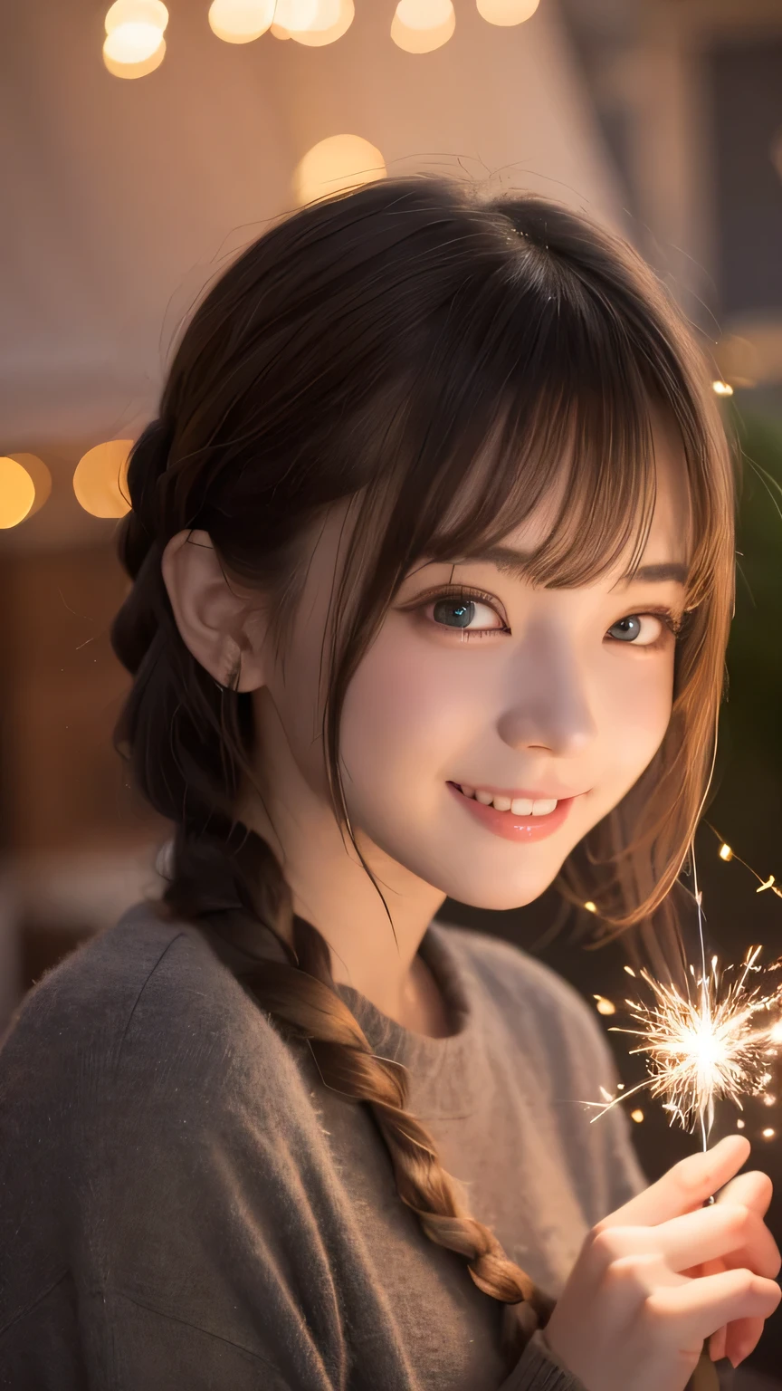 Best picture quality (8K, high resolution, Masterpiece: 1.2), super detailed, 215 Short Hair,Three braids long hair, 16-year-old woman,
situation: Silently gazing at the sparklers alone。
detailed:
angle: Close-up of a girl's profile gazing at a sparkler she is holding。
atmosphere: The sparks of the sparkler slowly fall,、Capture the girl's calm expression。
background: A dimly lit garden、The dim light of a lantern。
, random cute pose ,big eyes ,Puffy eyes , Heart Pupil, blush , huge shy smile , salute