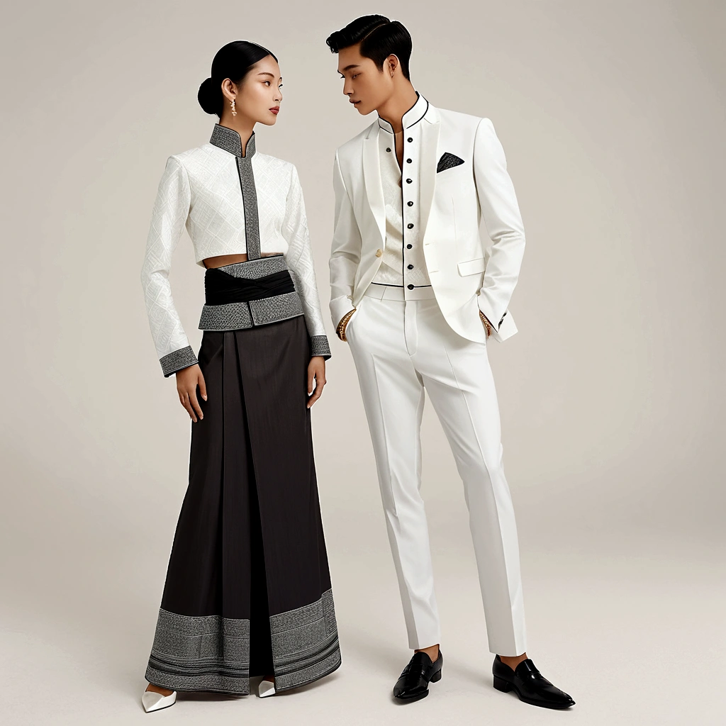 candid fashion illustration of young man and woman, both aged 20 year old, ((showcase fashion in a Northern Thai Lanna outfits all in whaite)), in elegant luxury style, The man wears a simple long-sleeved white shirt with minimal details, paired with white Tailor pants. black shoes, The woman complements him with white tubular skirt that is handwoven and often features intricate patterns, ankle-length and is wrapped around the waist, and A fitted, often intricately decorated blouse that complements the skirt. Captured in a low angle, ((full-body image)), (full-body pose)), ((white studio background)), realistic color pencil lines, perfect drawing, charcoal lines, fading sketch, quick Sketch, soft light,